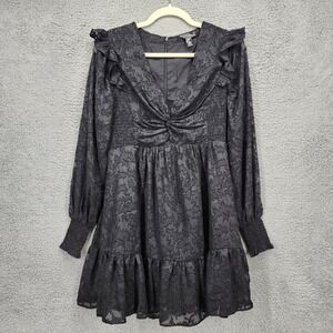 AQUA Small Black Floral Smocked‎ Waist Ruffled V-Neck Long Sleeve Mini Dress
